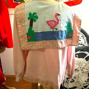 Vintage quilted pink flamingo upcycled pink sweatshirt jacket handmade L